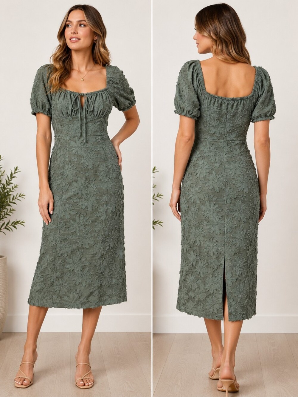 A-185 Lavender Moon Sage Green Textured Floral Midi Dress Large
